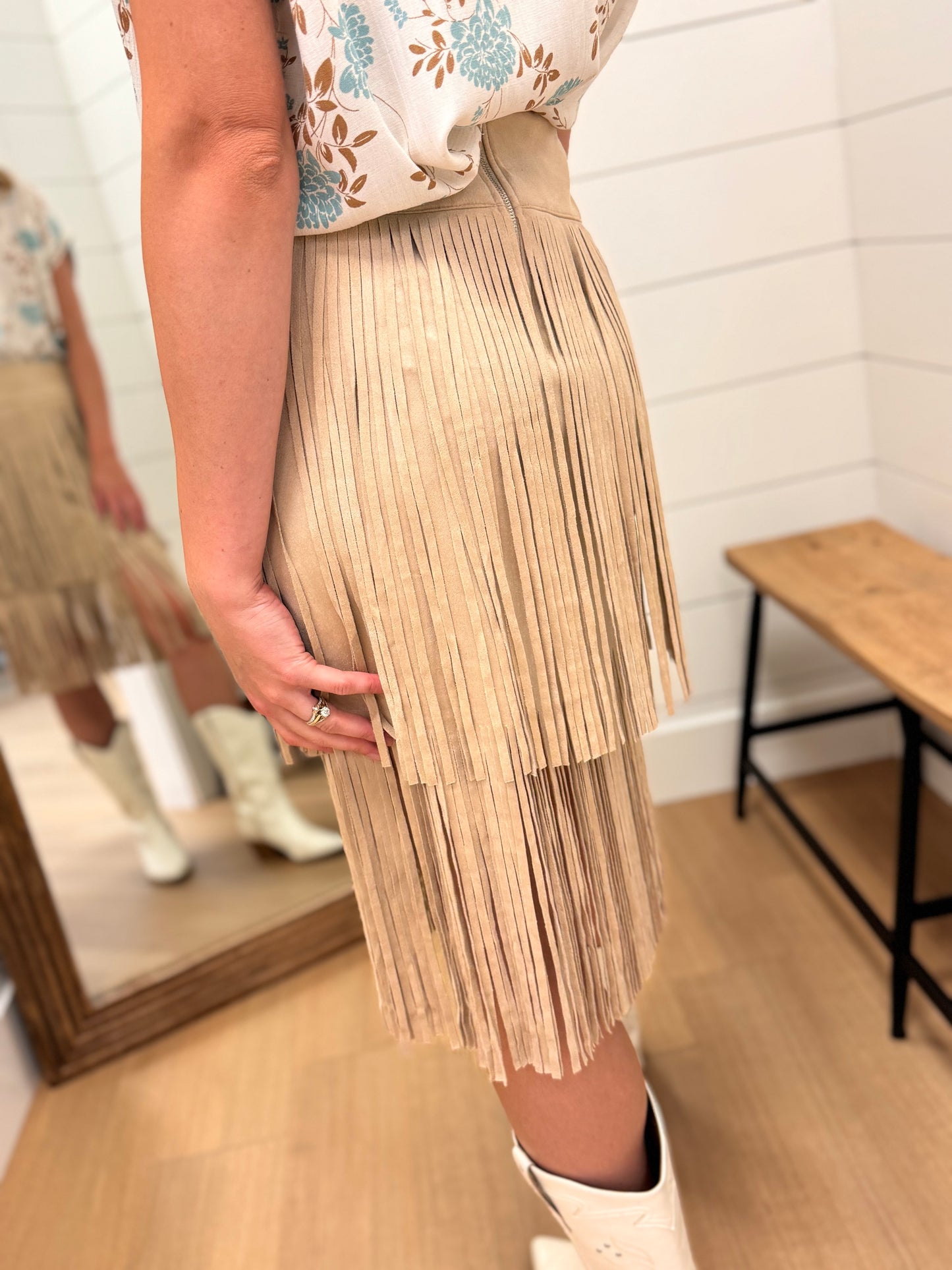 Fringe Mini Suede Skirt - Taupe
