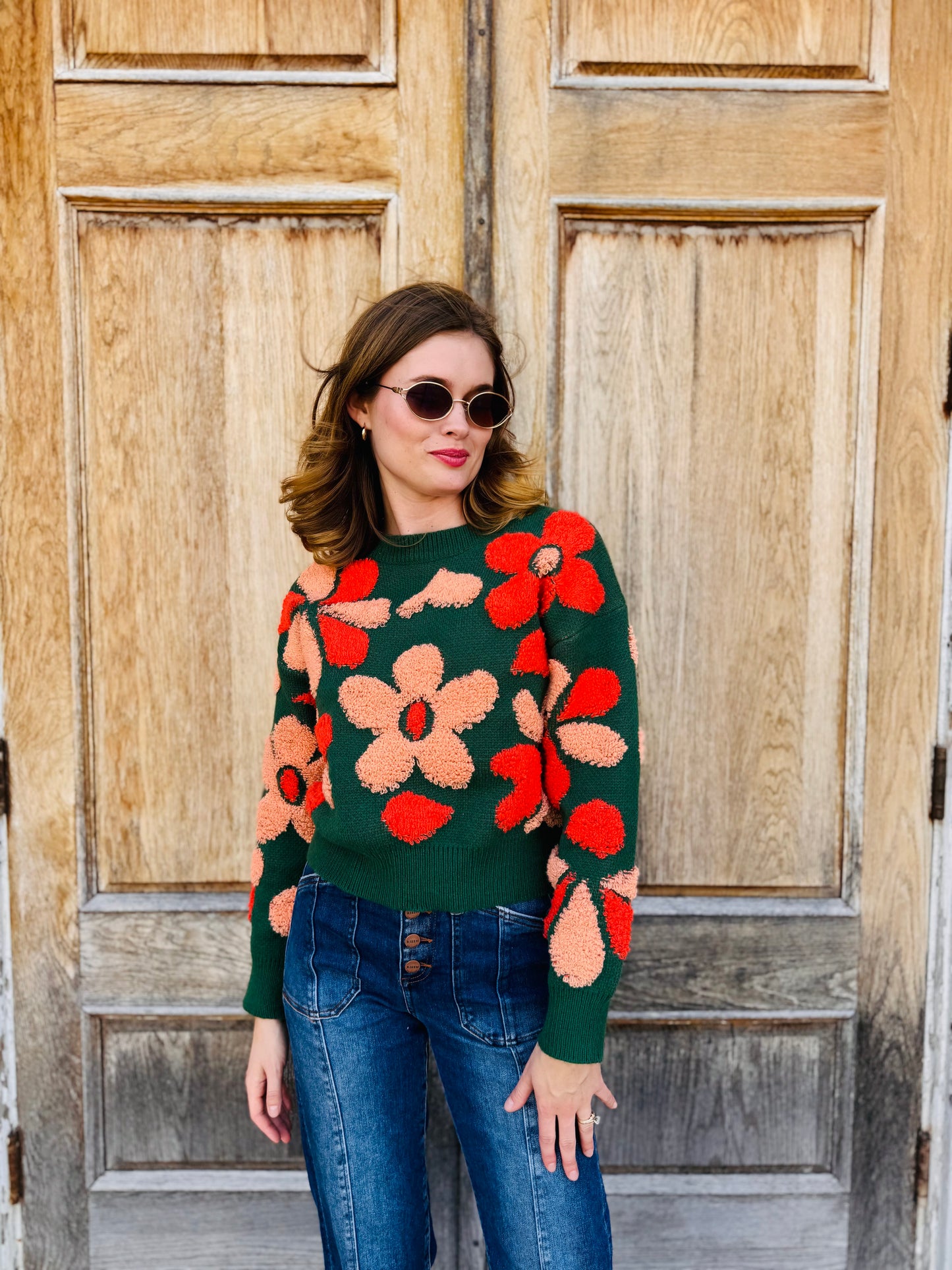 Fuzzy Floral Print Sweater - Dreamers
