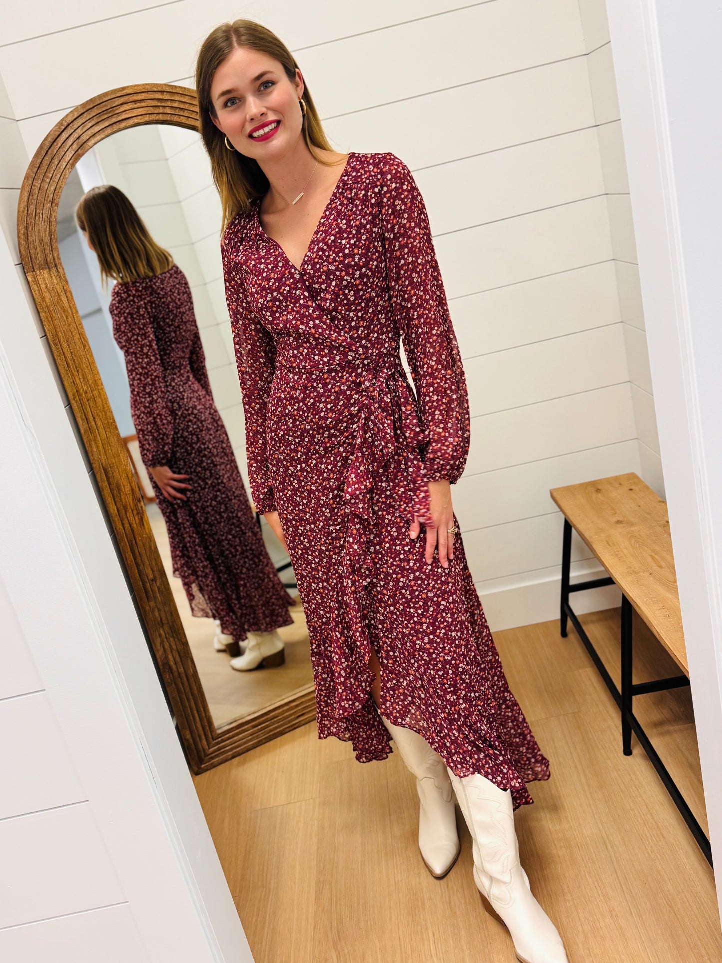 Burgundy Floral Wrap Dress