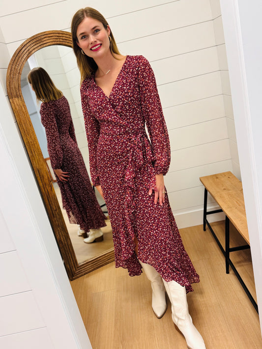 Burgundy Floral Wrap Dress