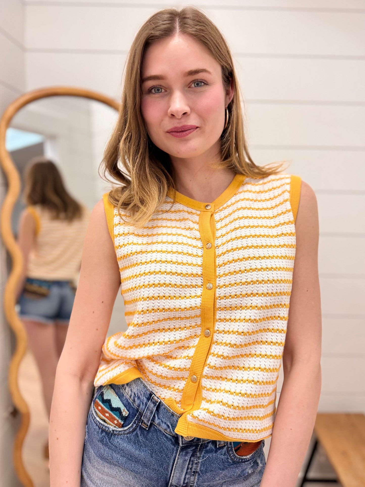 Stripe Knit Button Down Top - Mustard