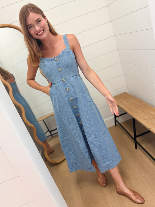 Floral Denim Jacquard Sweetheart Midi Dress