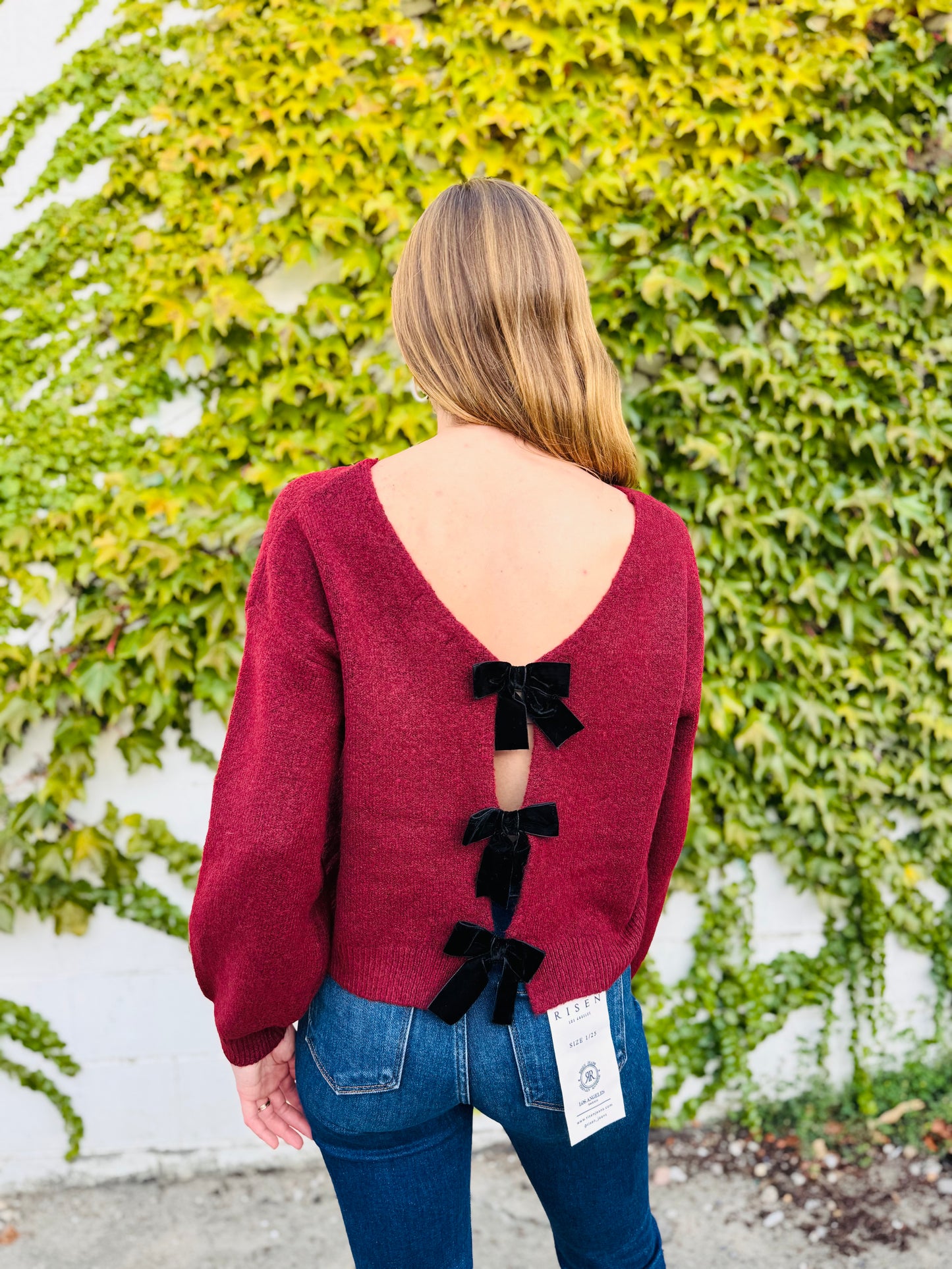Back Velvet Bow Detail Knit Pullover Sweater
