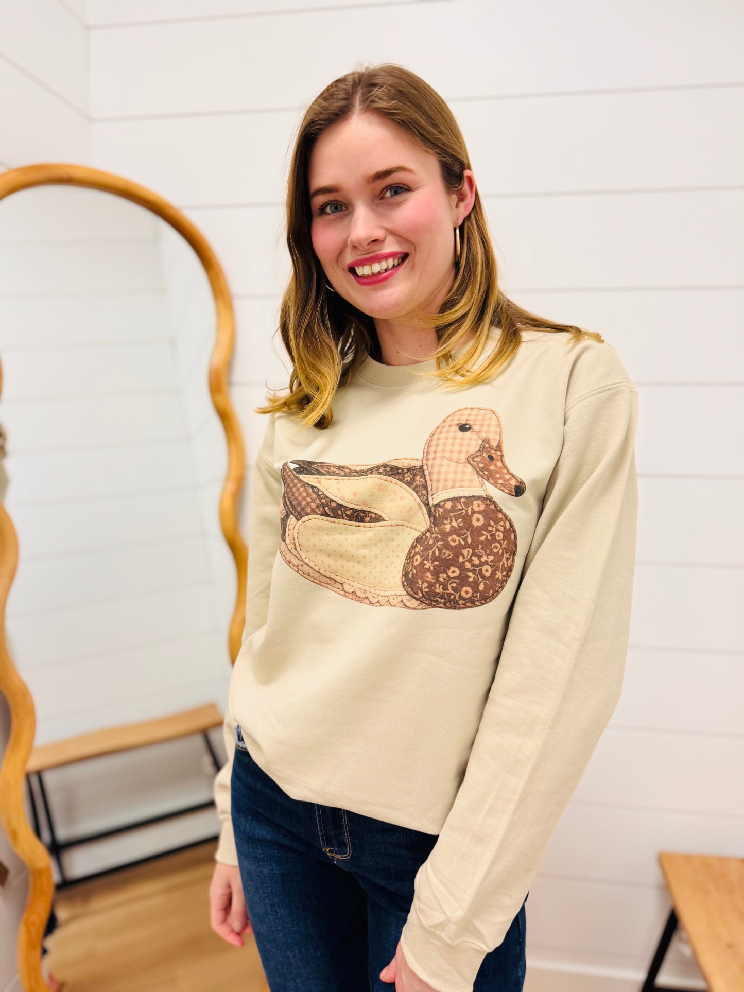 Mimis Vintage Faux Patchwork Brown Duck Cream Sweatshirts