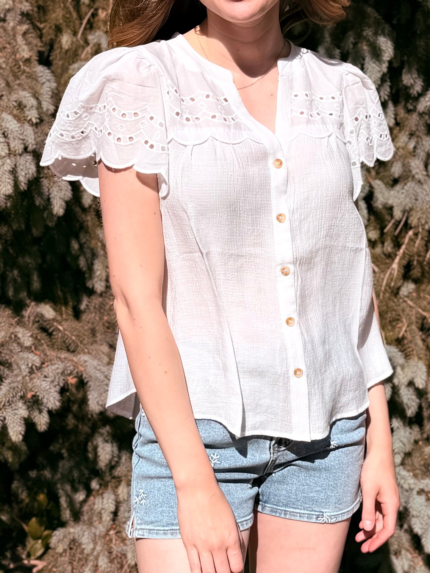 Eyelet Detail Button Down Scallop Sleeve Top