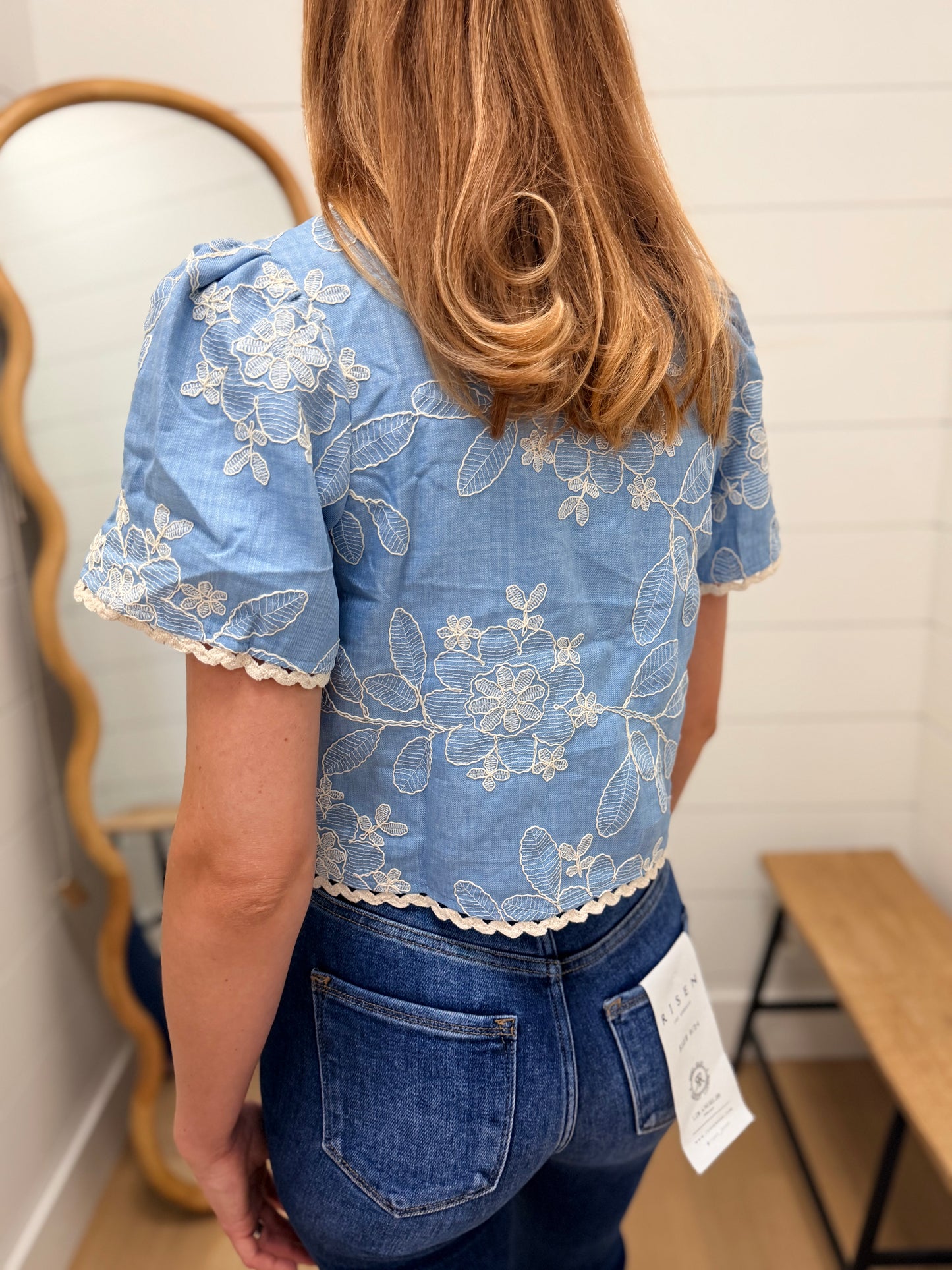 Embroidered Pattern Front Tie Wavy Trim Top