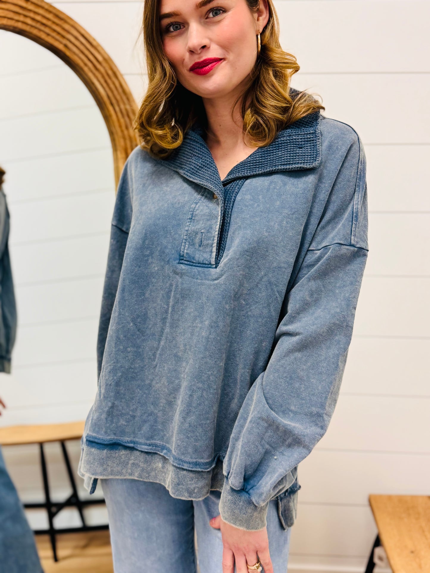 Half Button Down Contrast Pullover