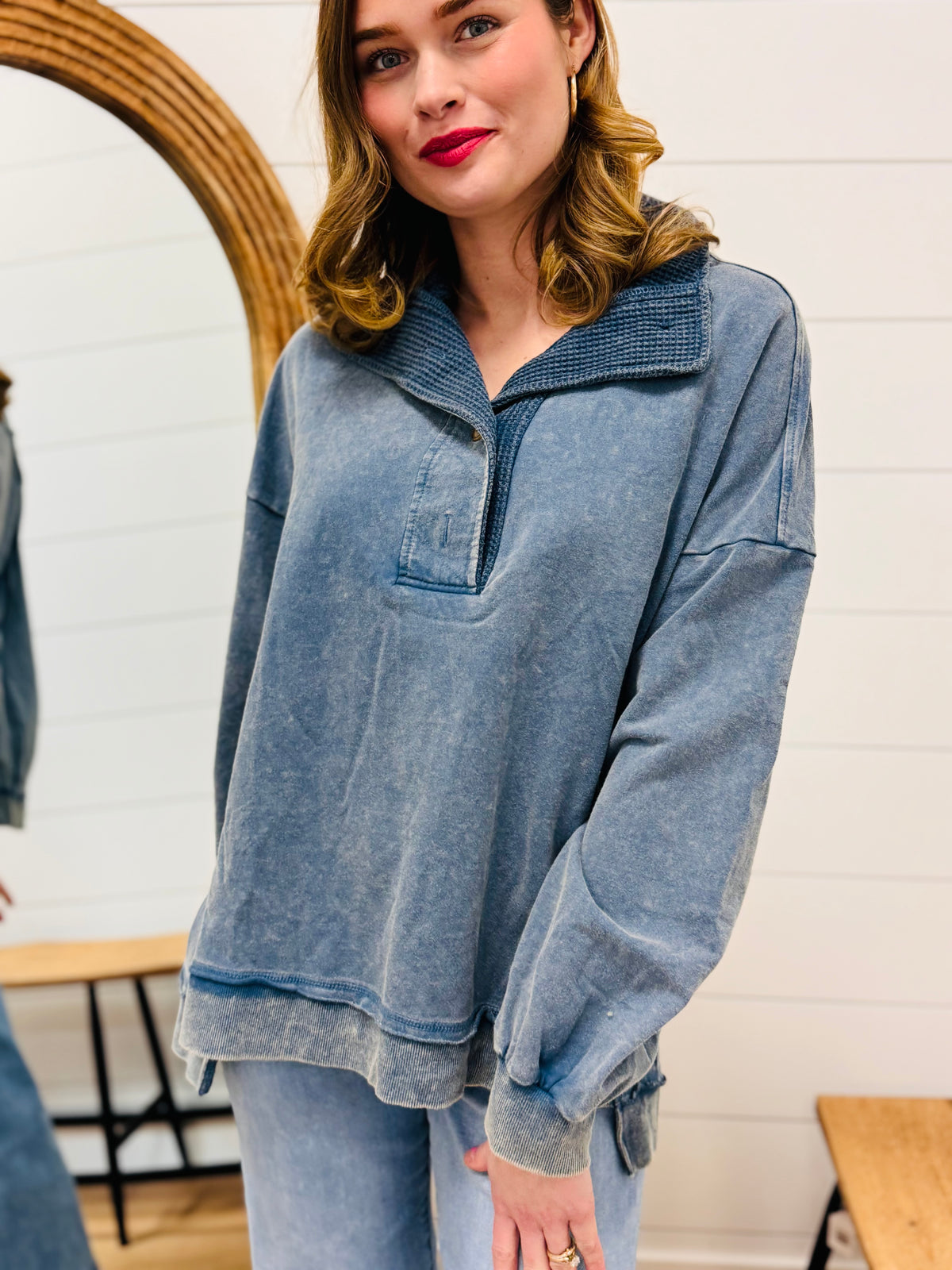Half Button Down Contrast Pullover