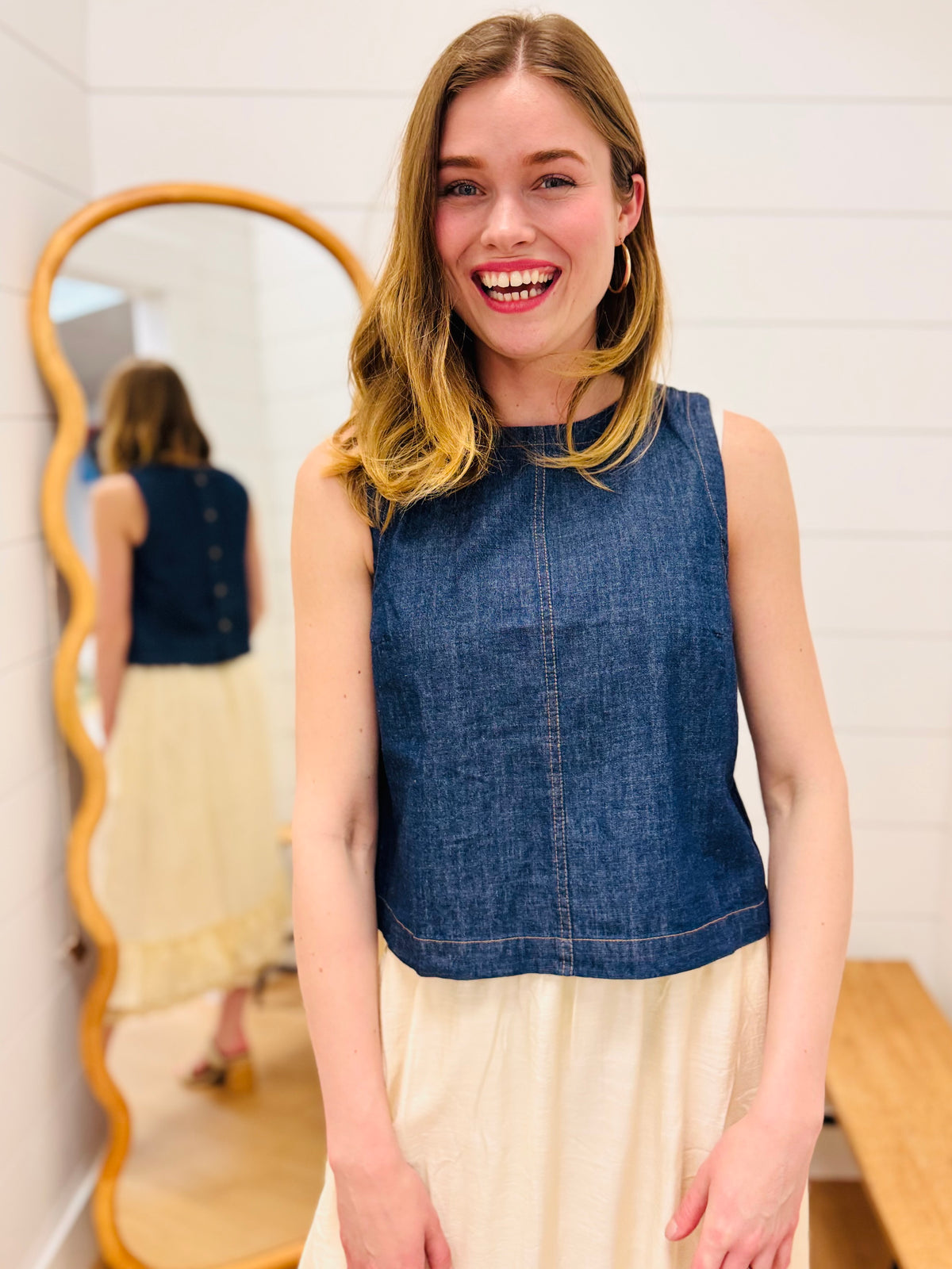 Back Button Denim Top