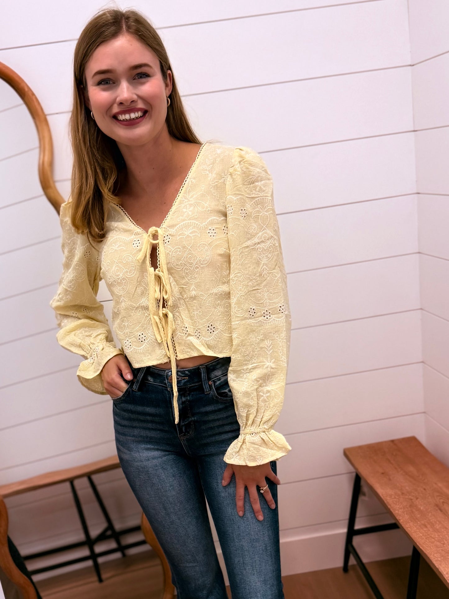 Embroidered Pattern Long Sleeve Front Tie Crop Top