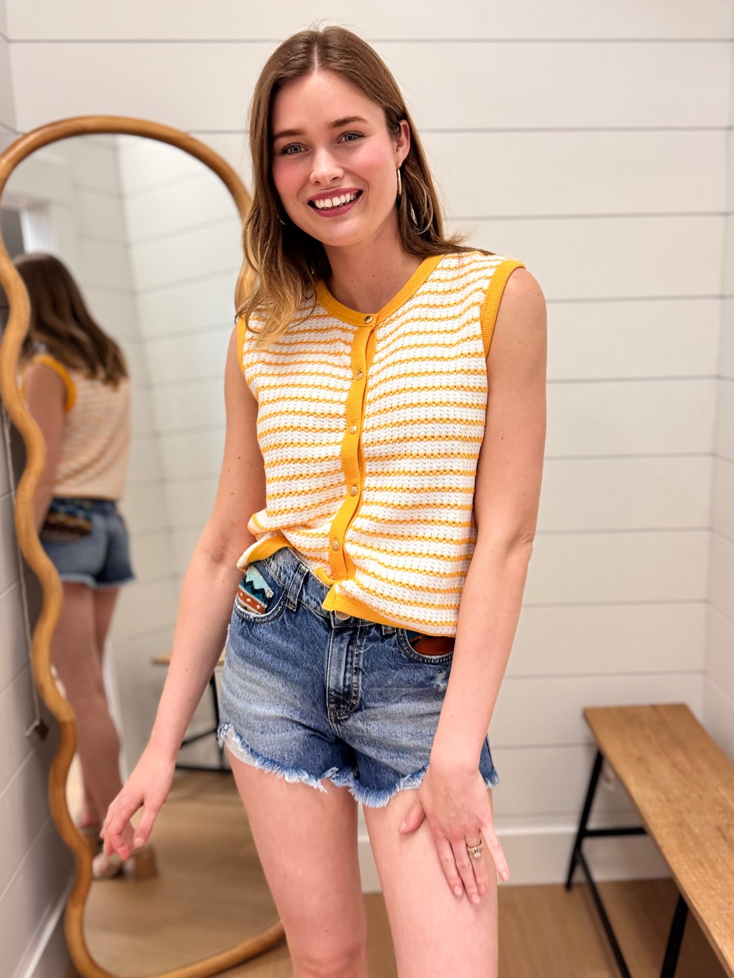 Stripe Knit Button Down Top - Mustard