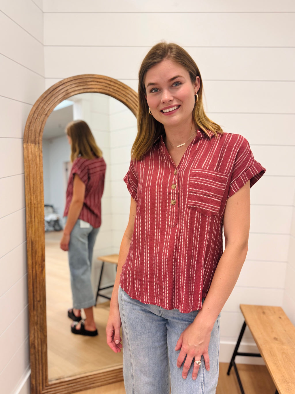 Stripe Half Button Collared Short Sleeve Shirt