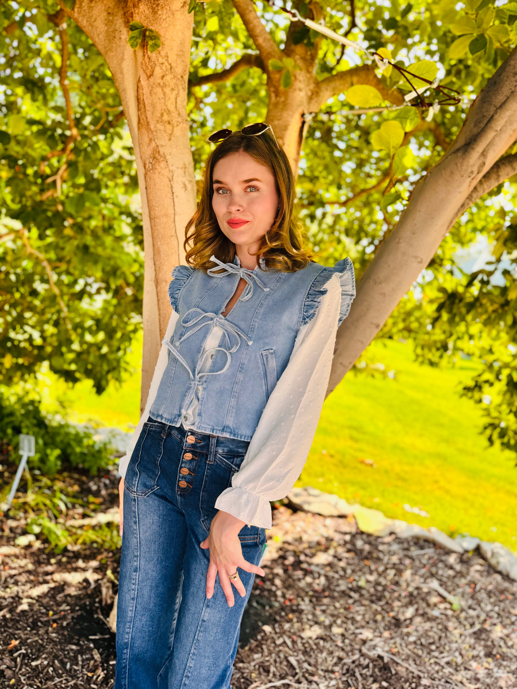Denim Ruffle Sleeve Tie Front Vest