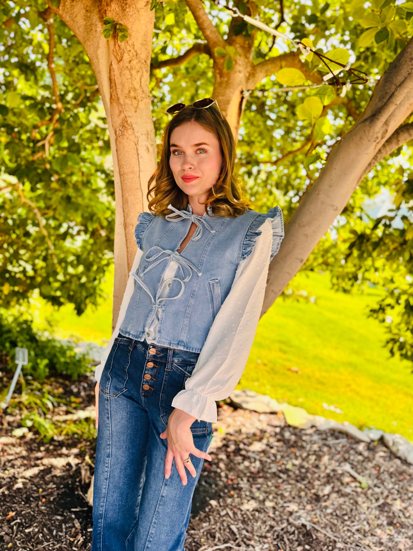 Denim Ruffle Sleeve Tie Front Vest