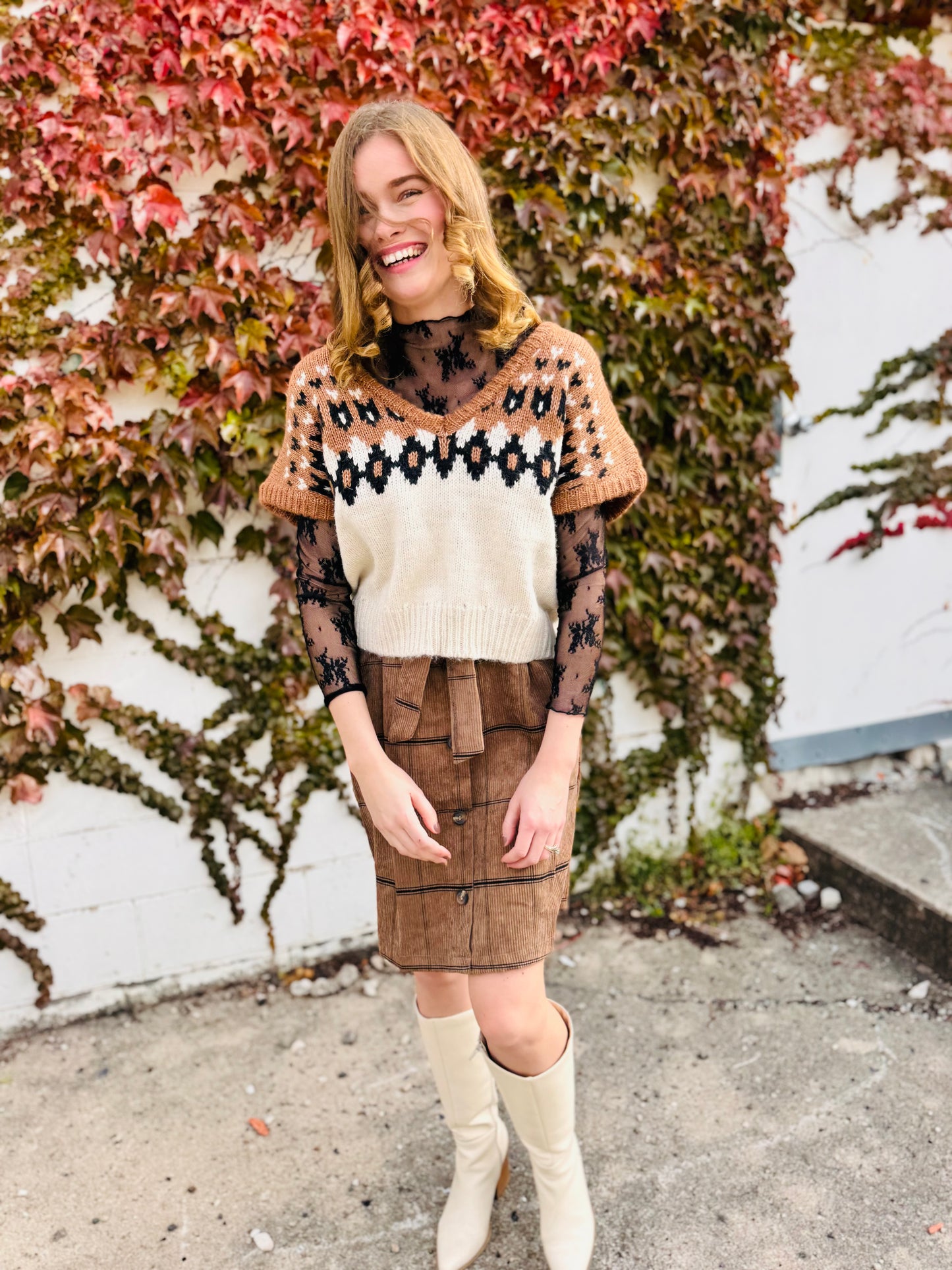 Fair Isle V Neck Short Sleeve Knit Sweater