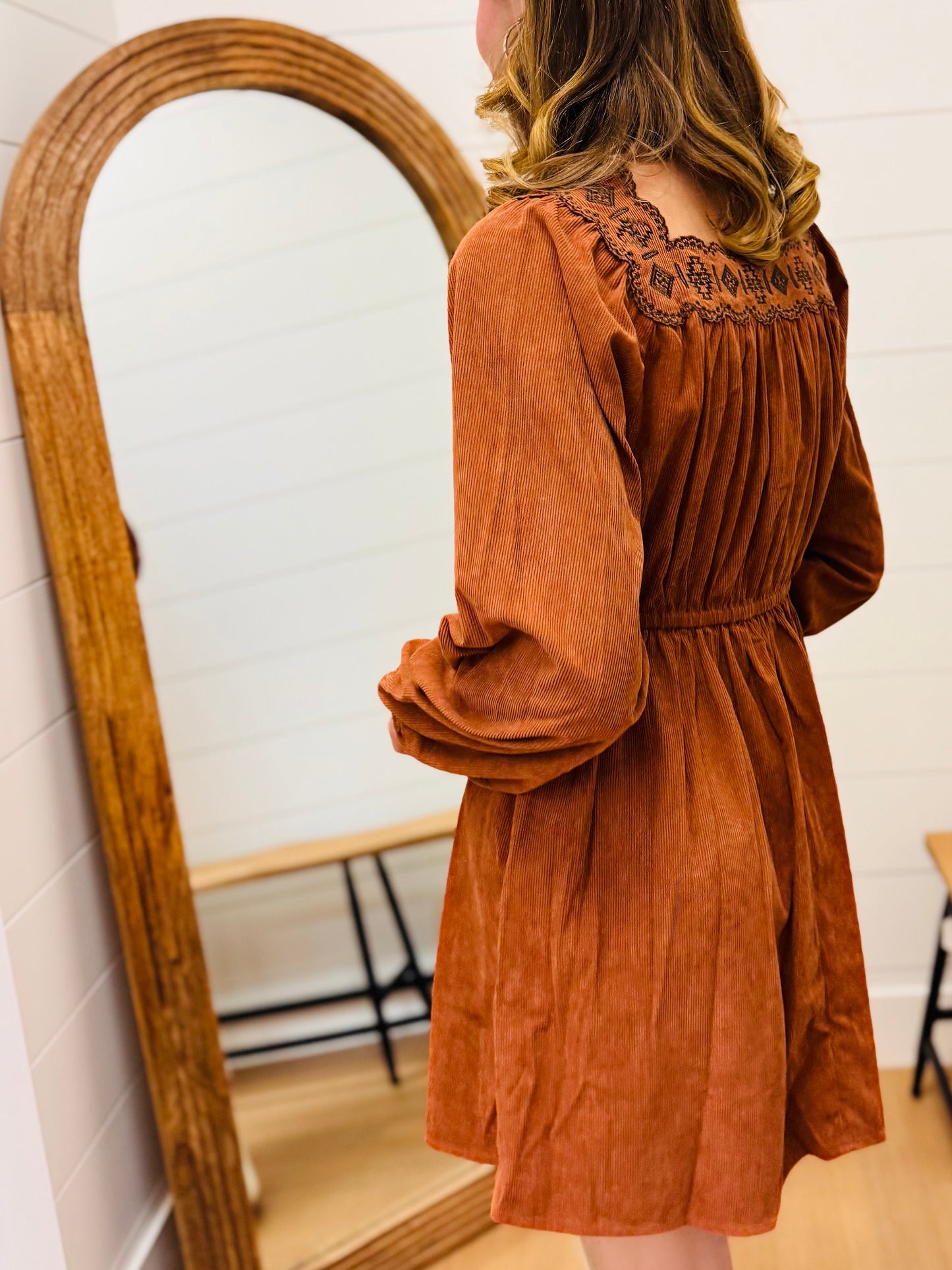 Embroidery Square Neck Corduroy Dress