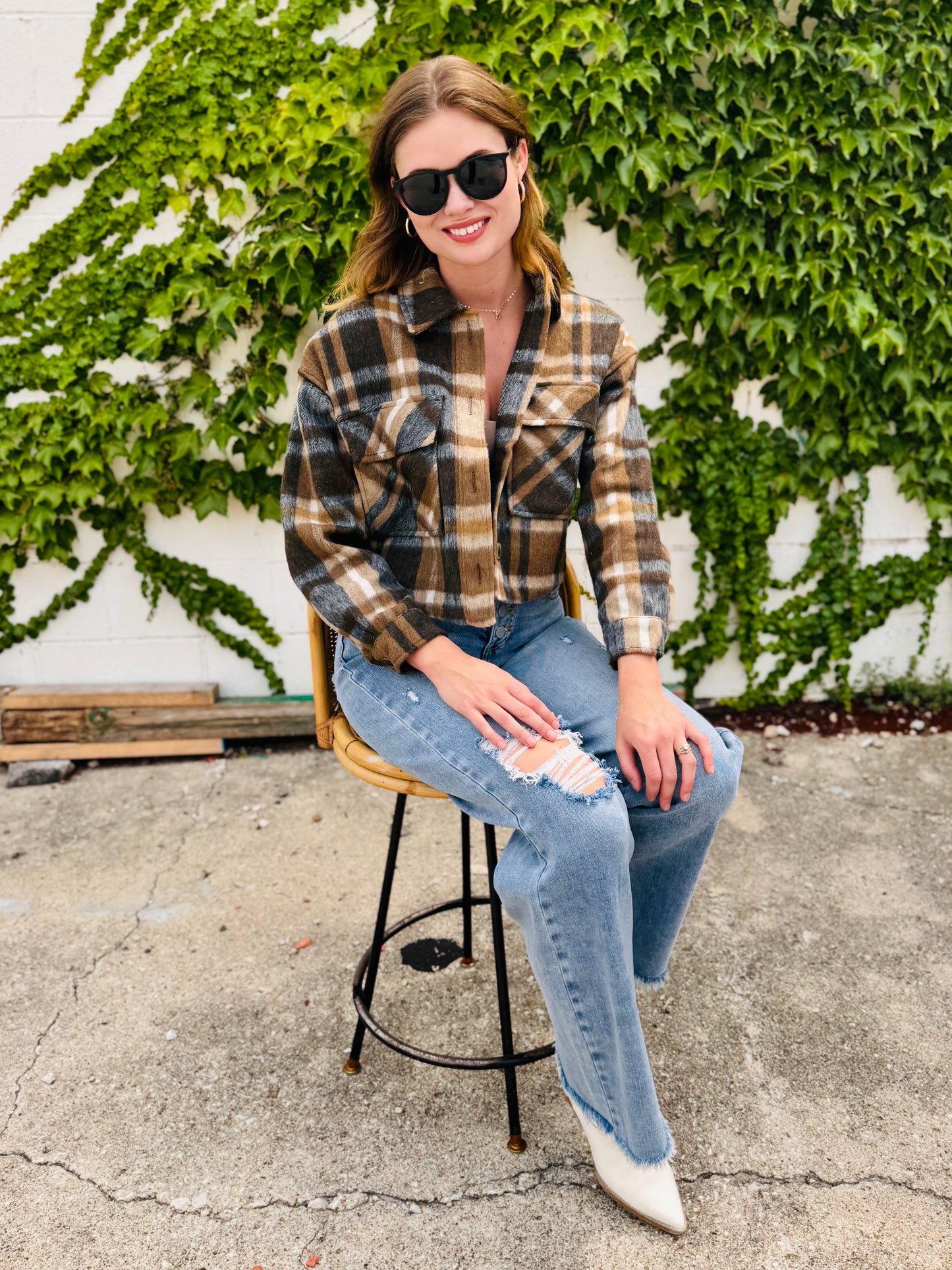 Button-down Short Plaid Shacket - Brown