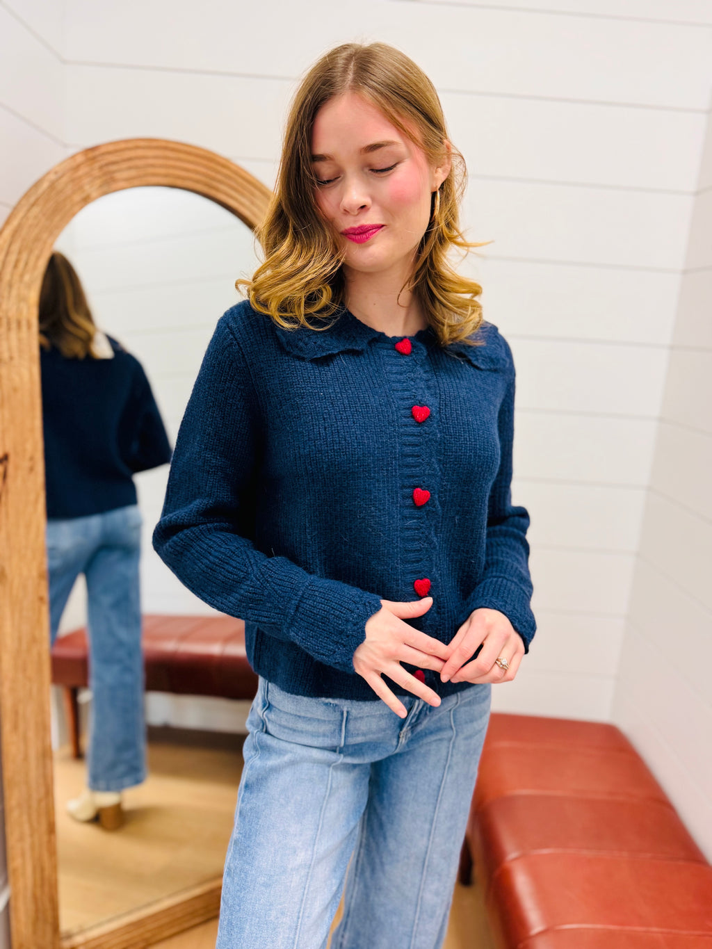 Navy + Red Heart Button Down Cardigan