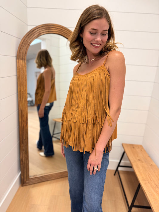Layered Fringe Single Strap Suede Shirt - Camel SM-3XL