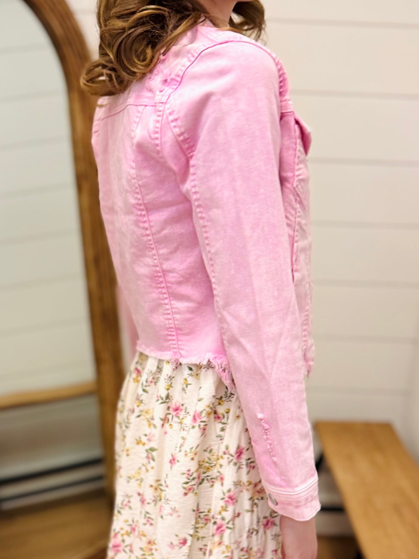 Irregular Fray Hemed Pink Jacket - Risen