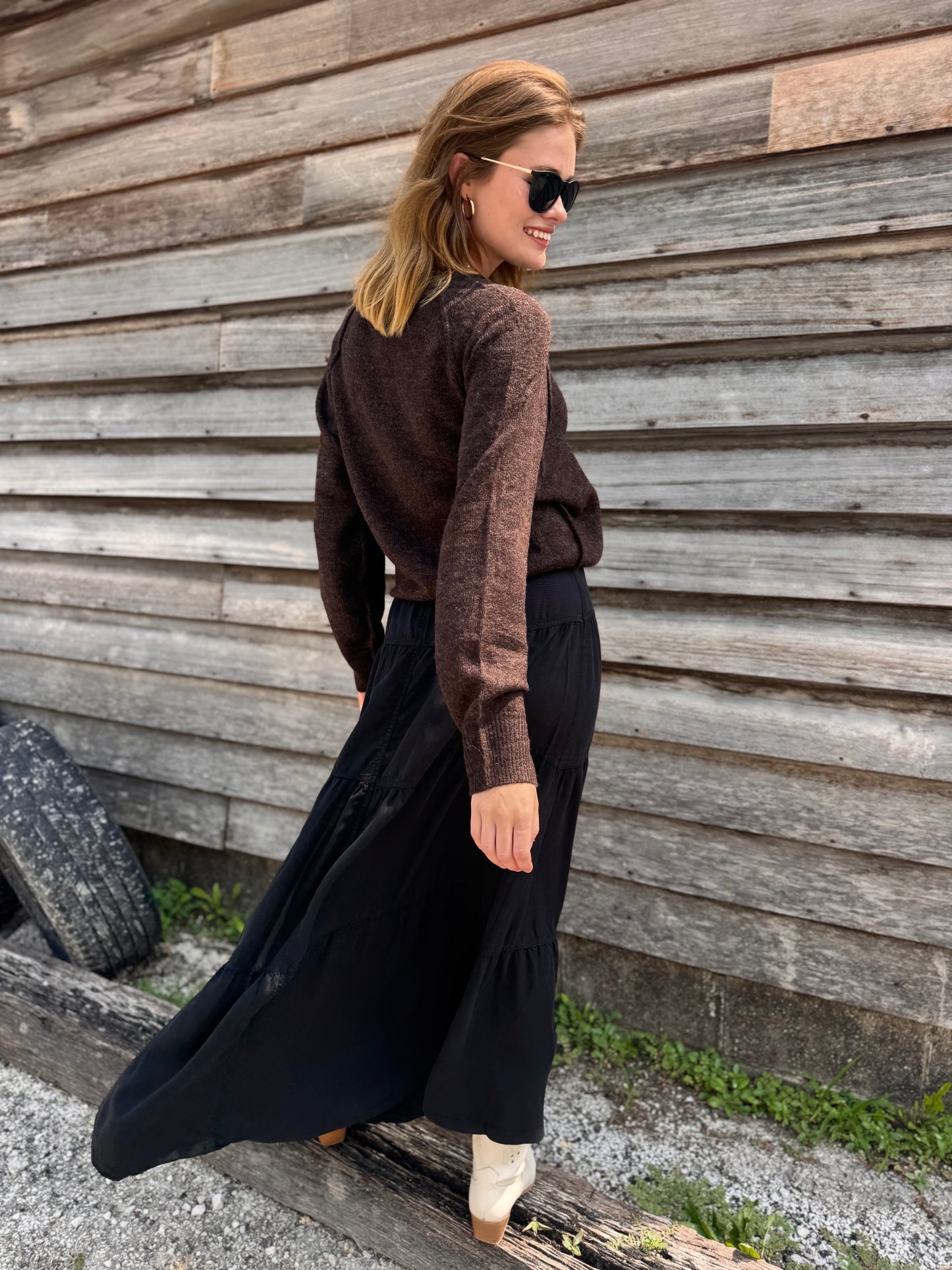 Black High Rise Tiered Long Tencel Skirts - Risen