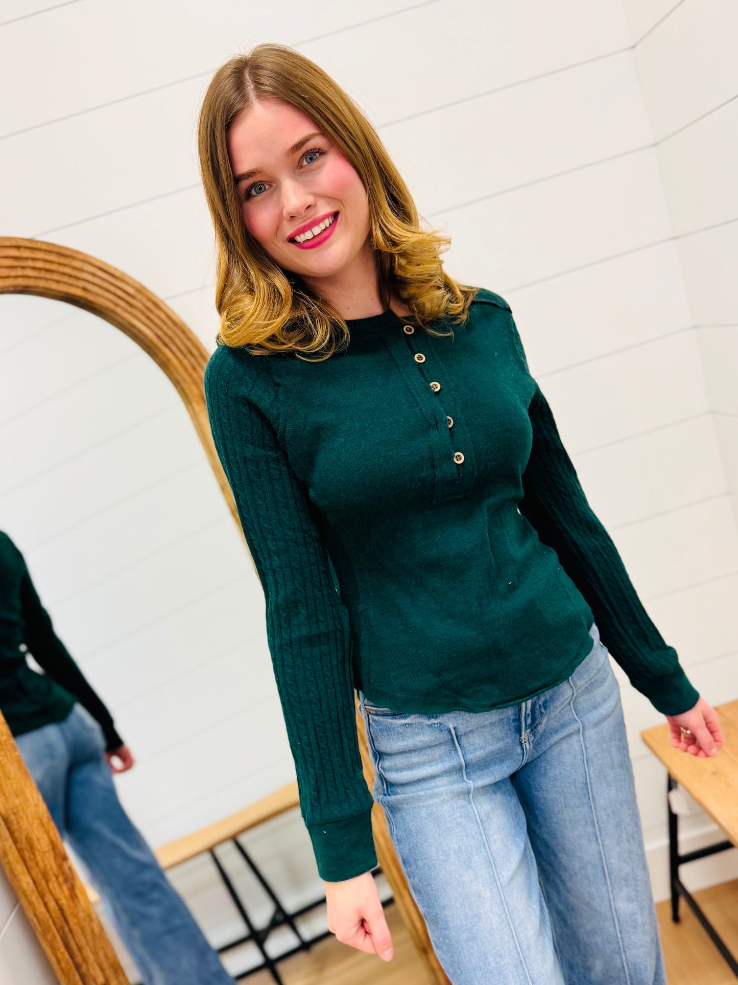 Button Down Top with Contrast Sleeve Stitching