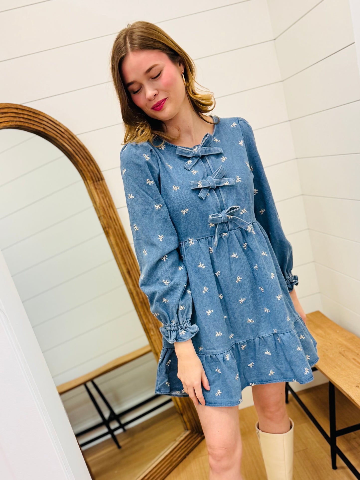 Soft Washed Denim Bow Dress