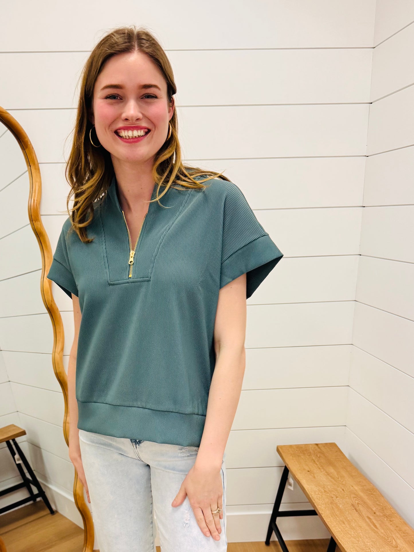 Half Zip Short Sleeve Top - Jade