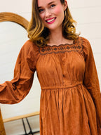 Embroidery Square Neck Corduroy Dress