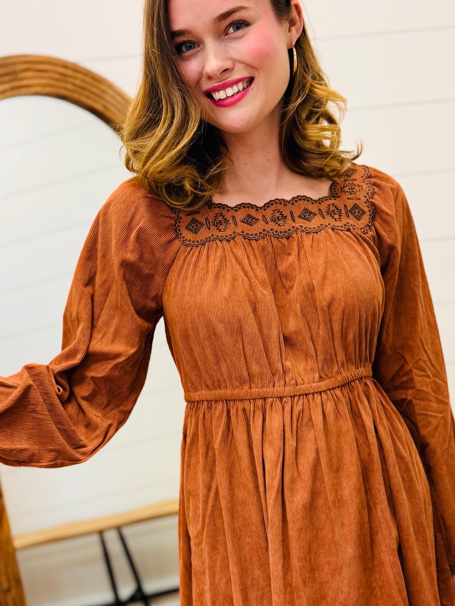 Embroidery Square Neck Corduroy Dress