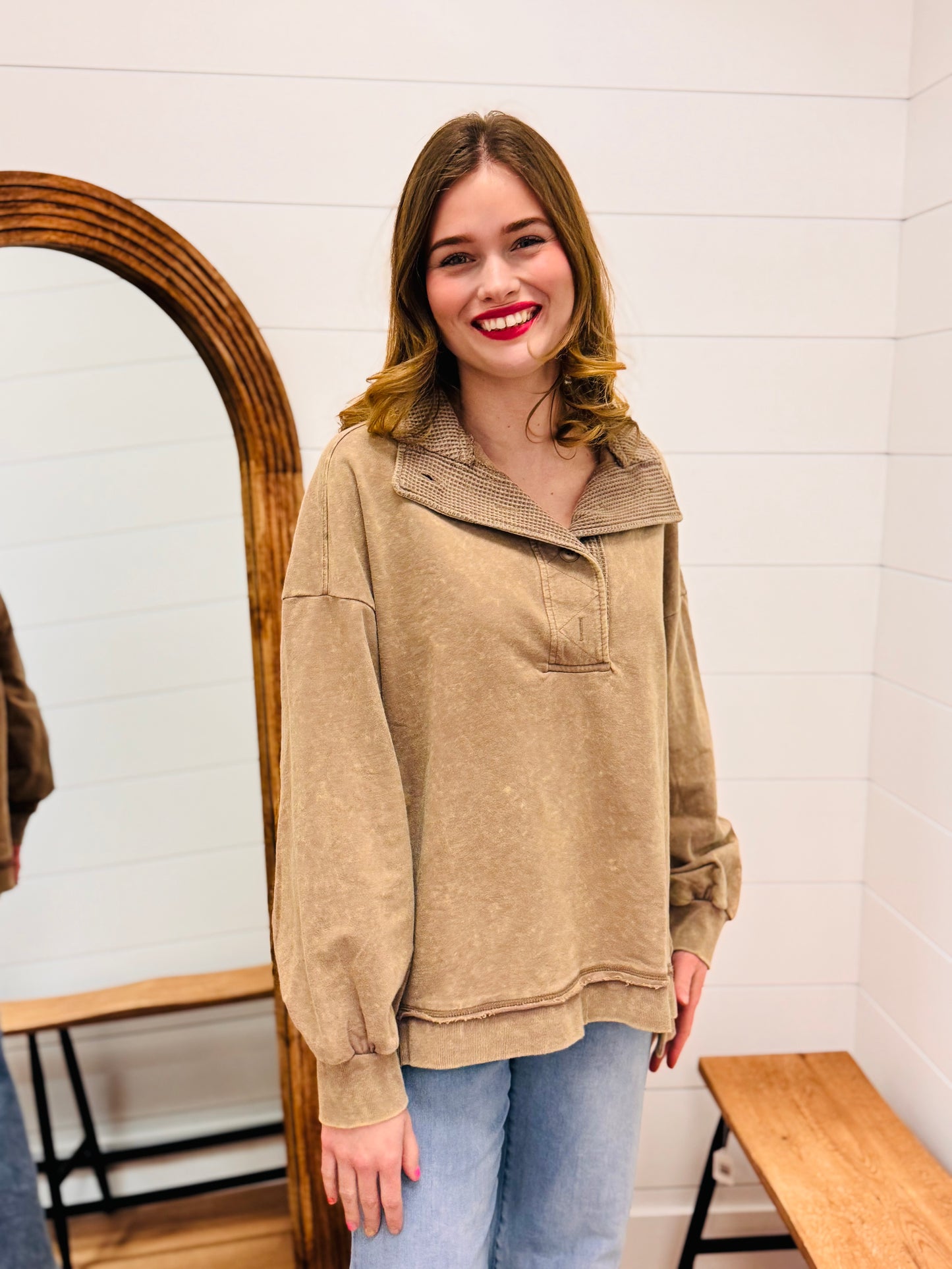 Half Button Down Contrast Pullover