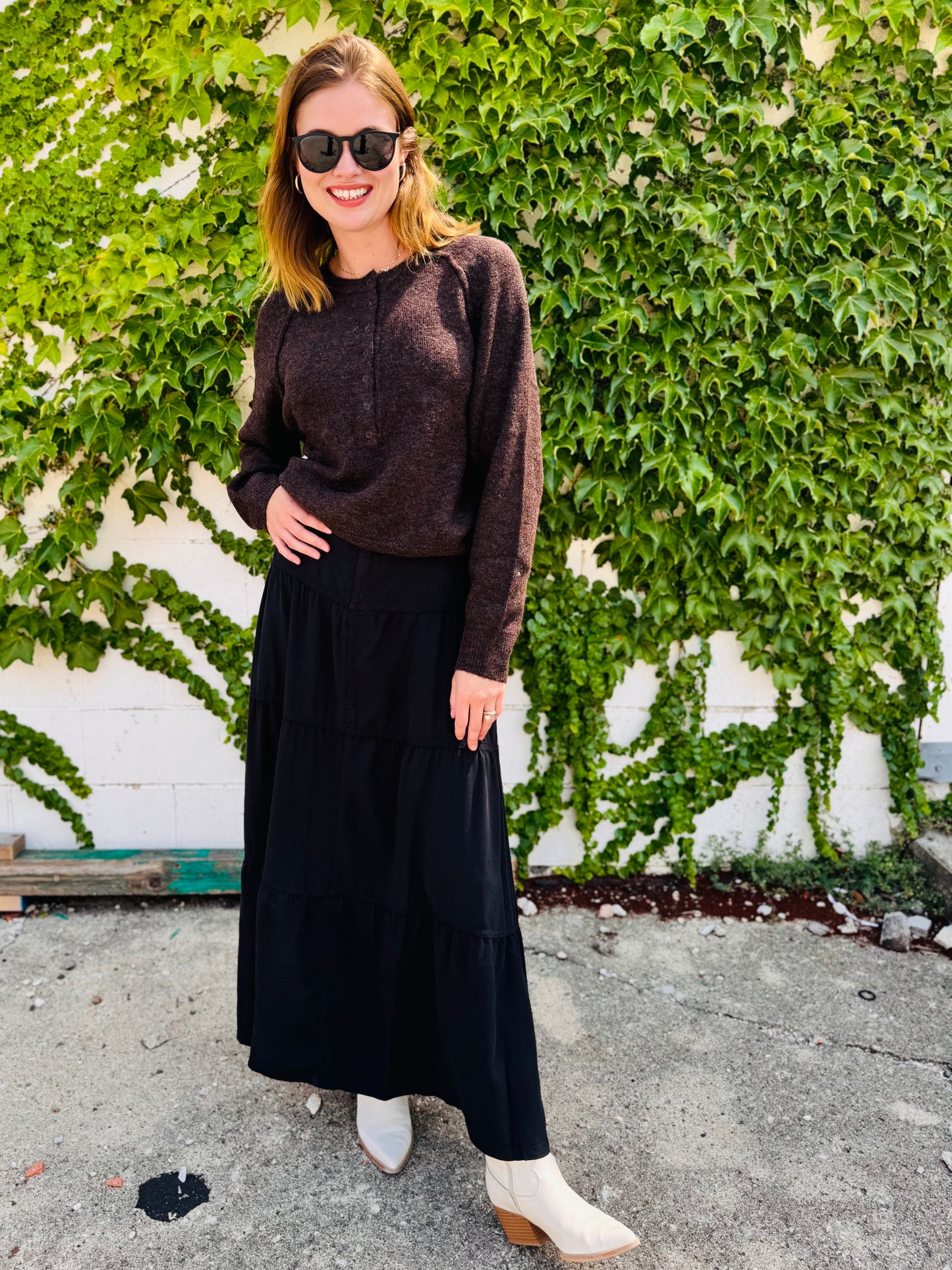 Black High Rise Tiered Long Tencel Skirts - Risen
