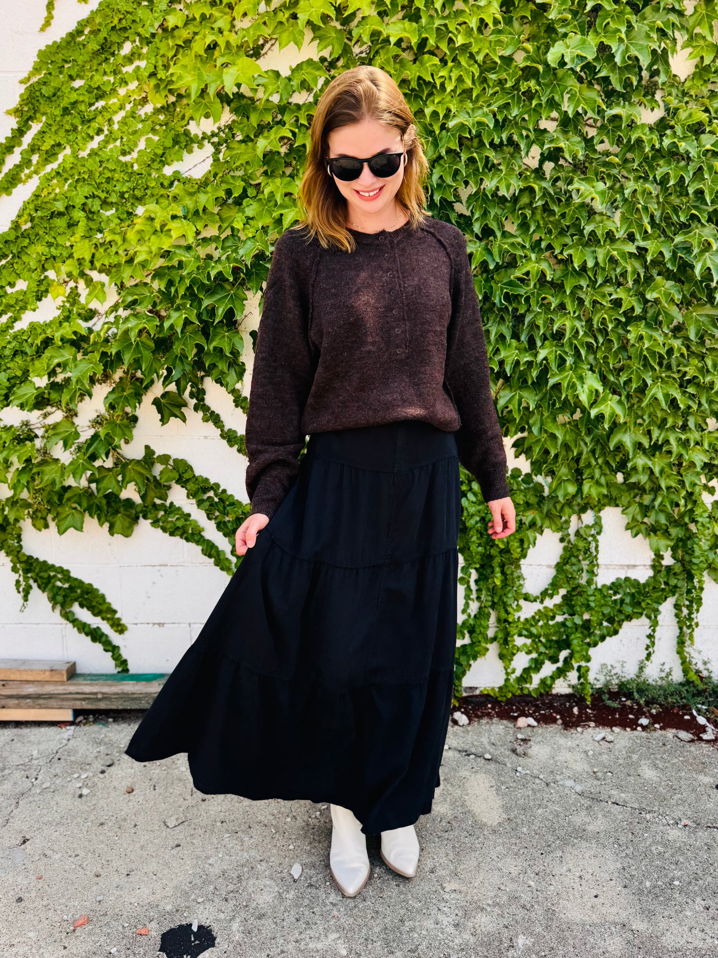 Black High Rise Tiered Long Tencel Skirts - Risen