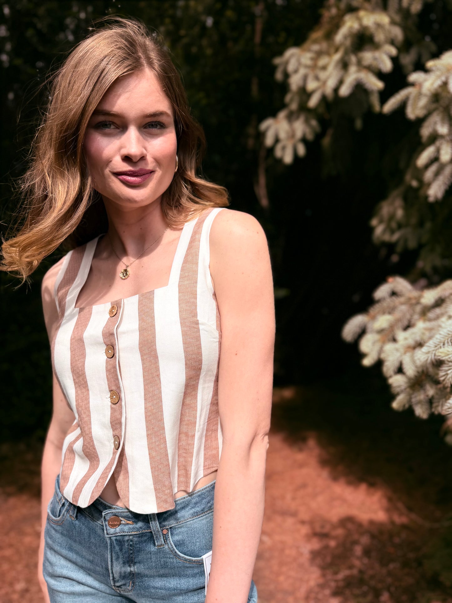 Stripe Button Down Sleeveless Linen Top