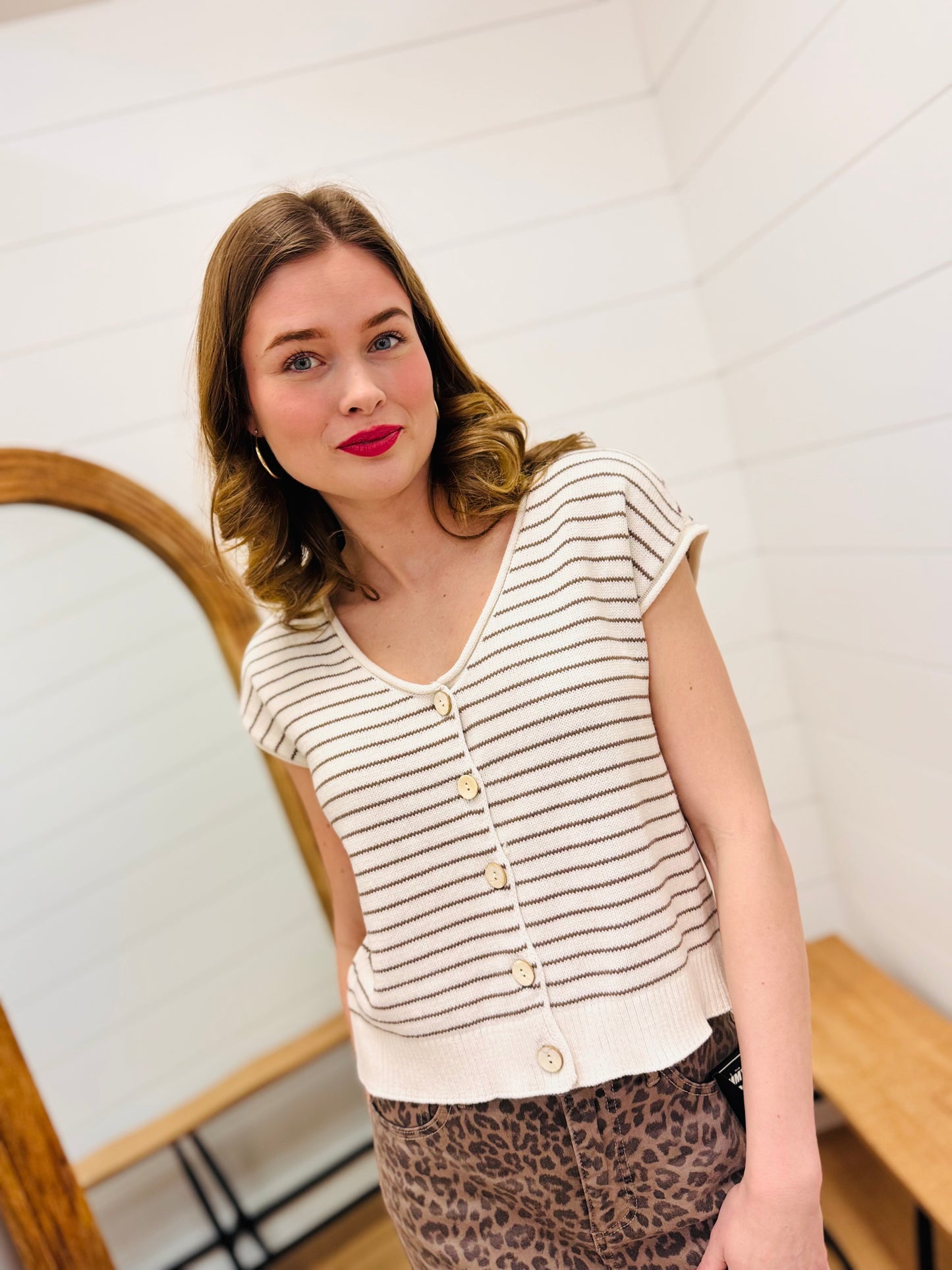 Stripe Scoop Neck Raw Edge Short Sleeve Cardigan