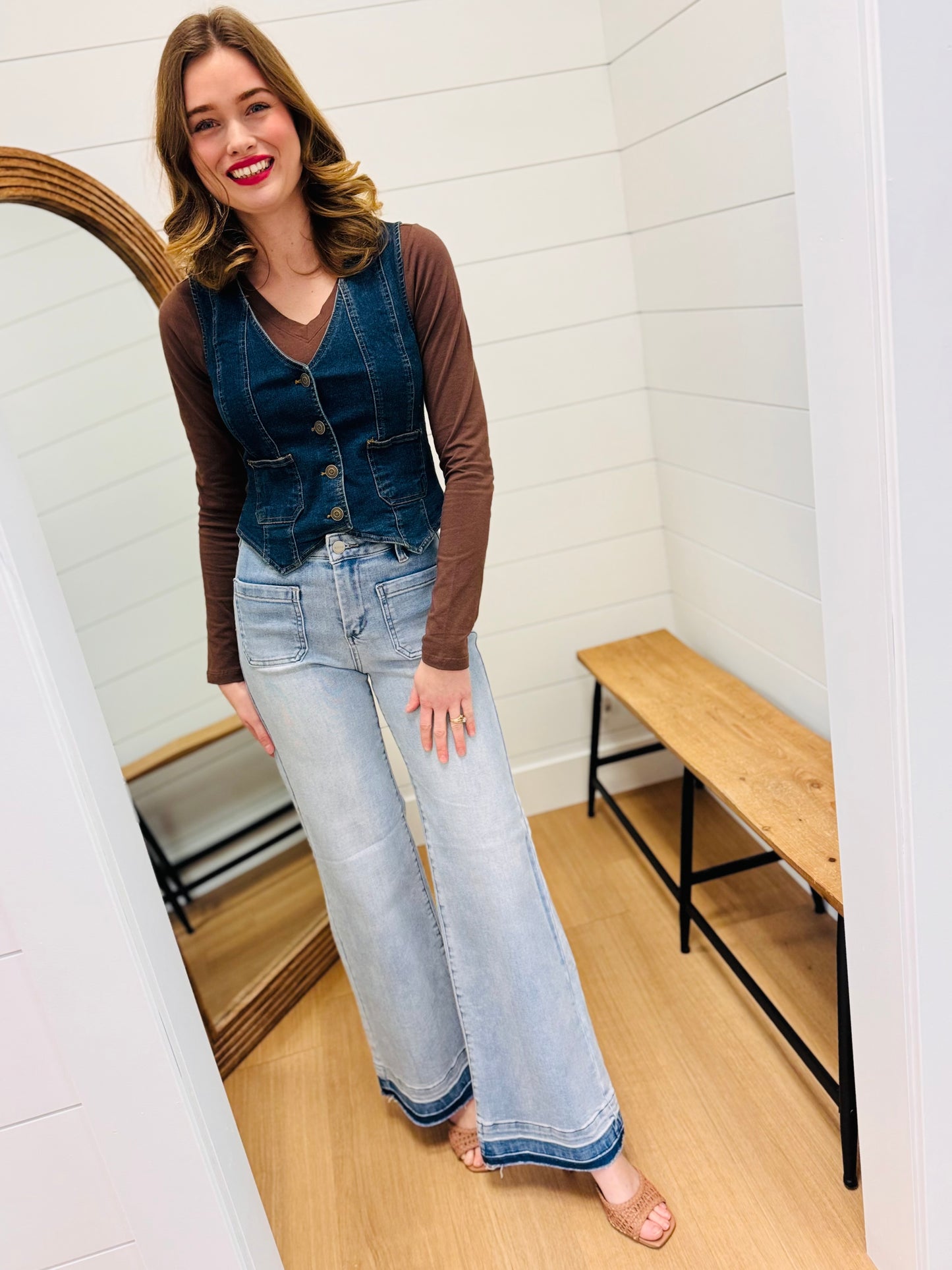 V Neck Sleeveless Button Down Denim Vest
