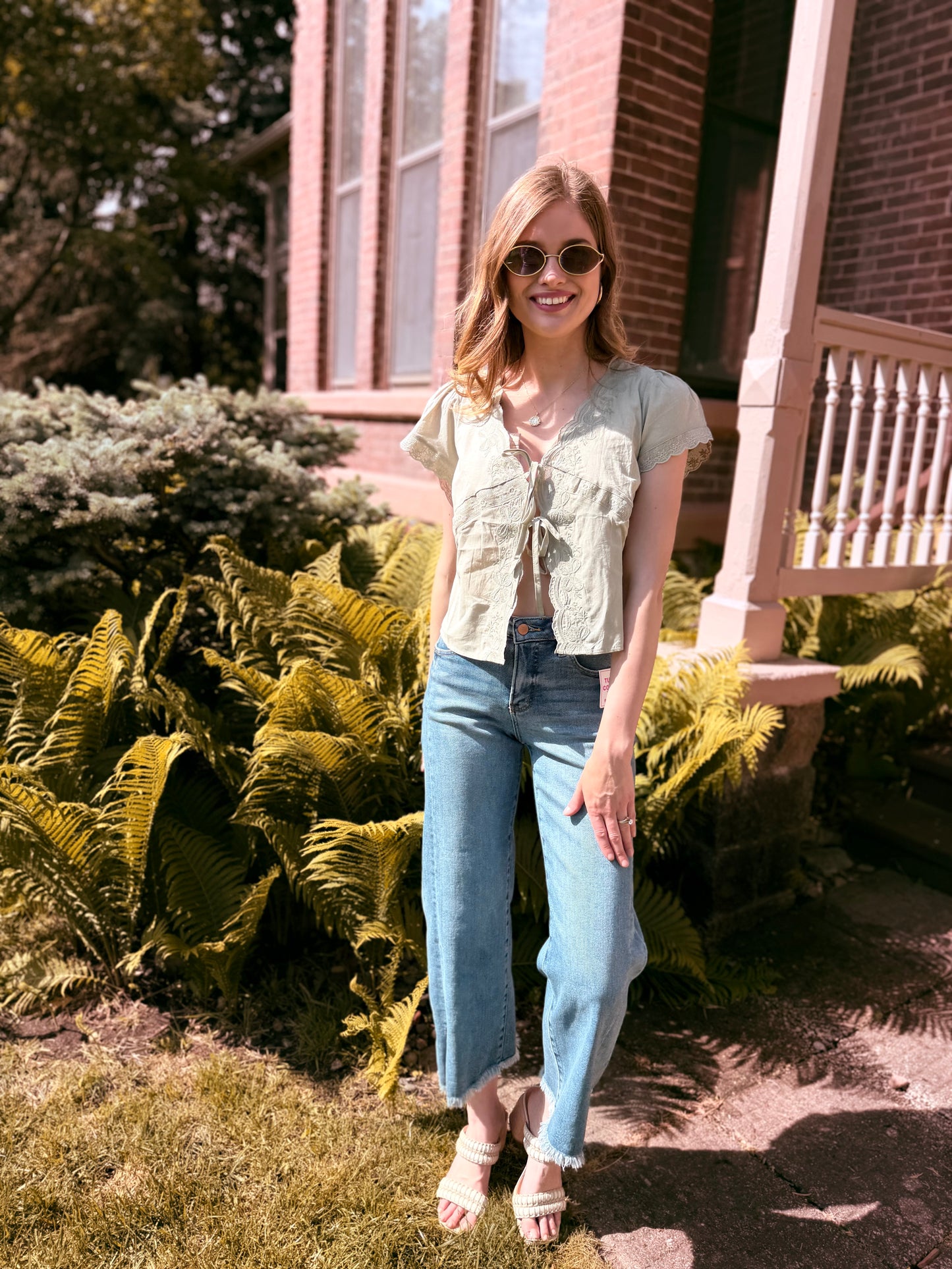 Scalloped Embroidered Front Tie Lace Trim Top