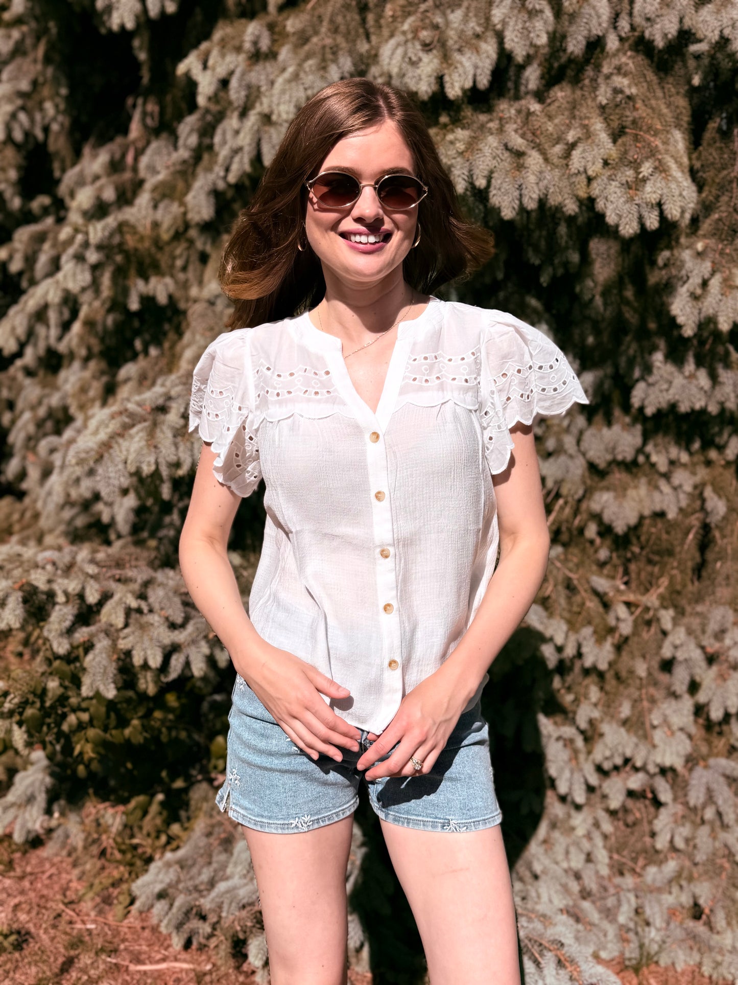Eyelet Detail Button Down Scallop Sleeve Top