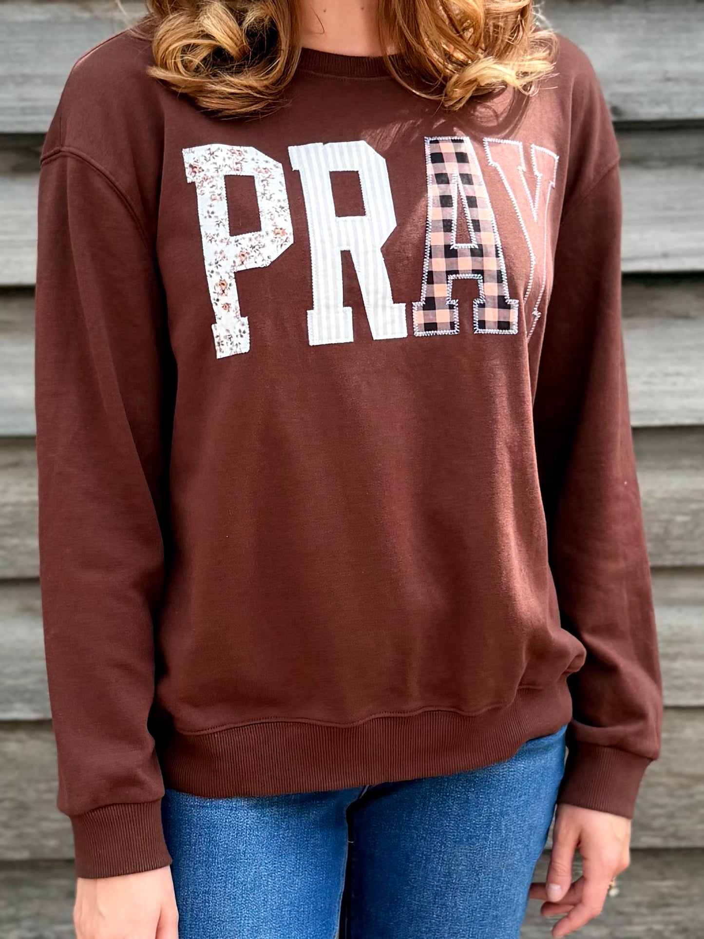 Pray Floral Stripe Gingham Embroidered Patch Sweatshirt