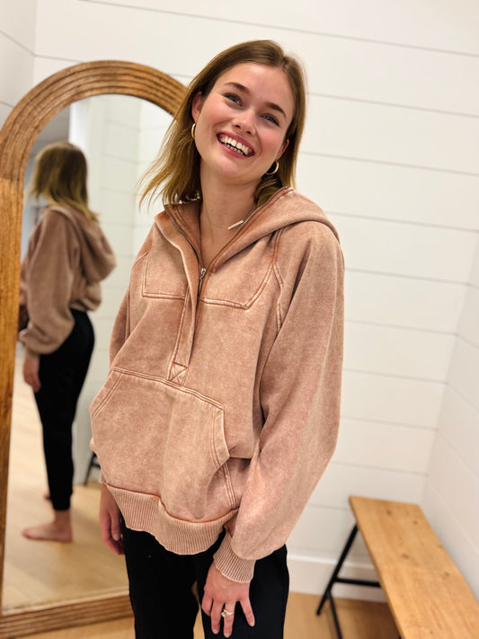 Acid Wash Quarter Zip Hoodie - Rust