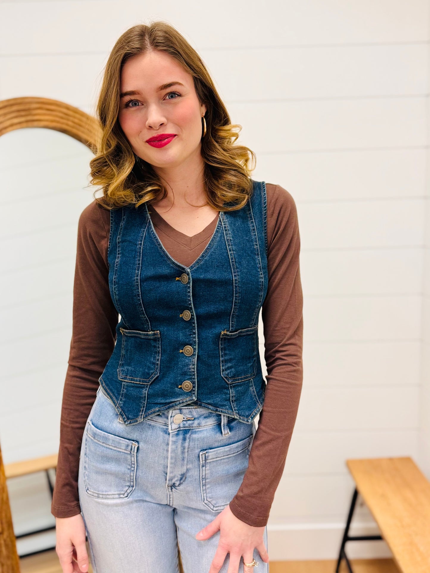 V Neck Sleeveless Button Down Denim Vest