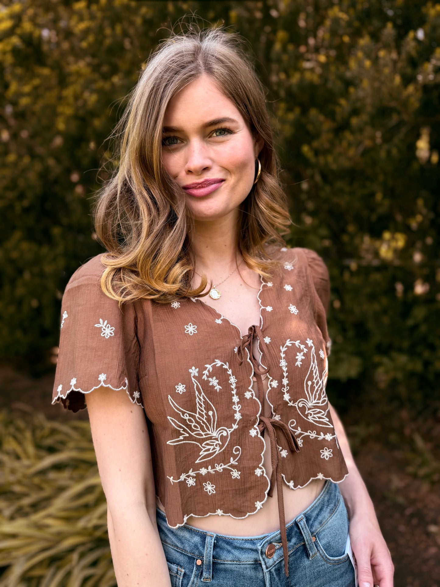 Bird Embroidery Short Sleeve Front Tie Top
