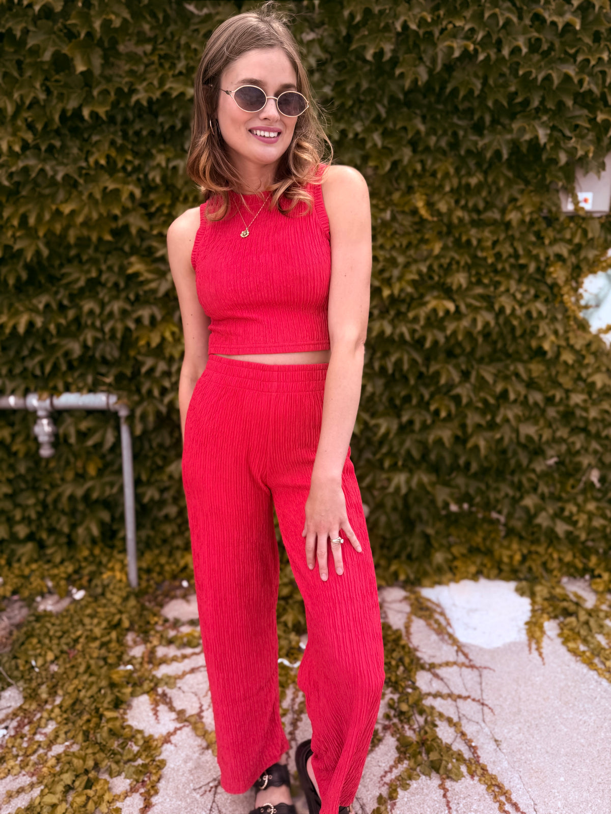 Crinkled Plisse Lounge Pant - Watermelon Red