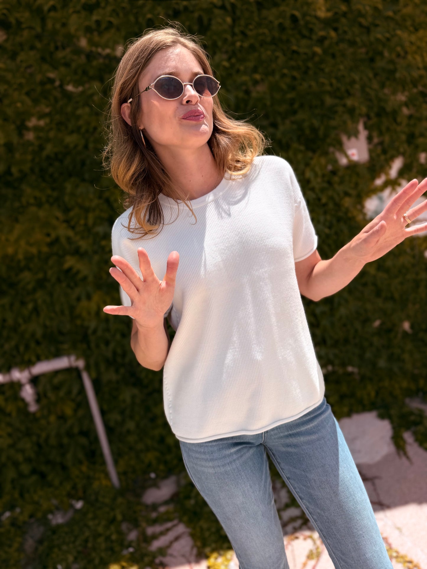 Round Neck Short Sleeve Sweater - Ivory