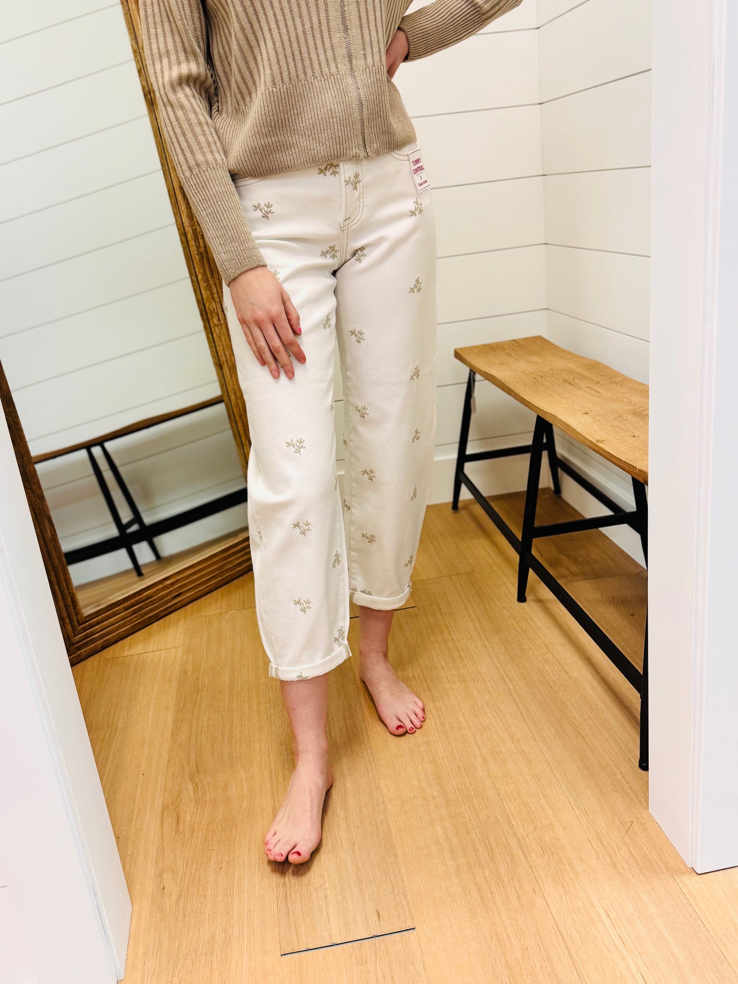 High Rise Leaf Embo Detailed Barrel Pants - Risen