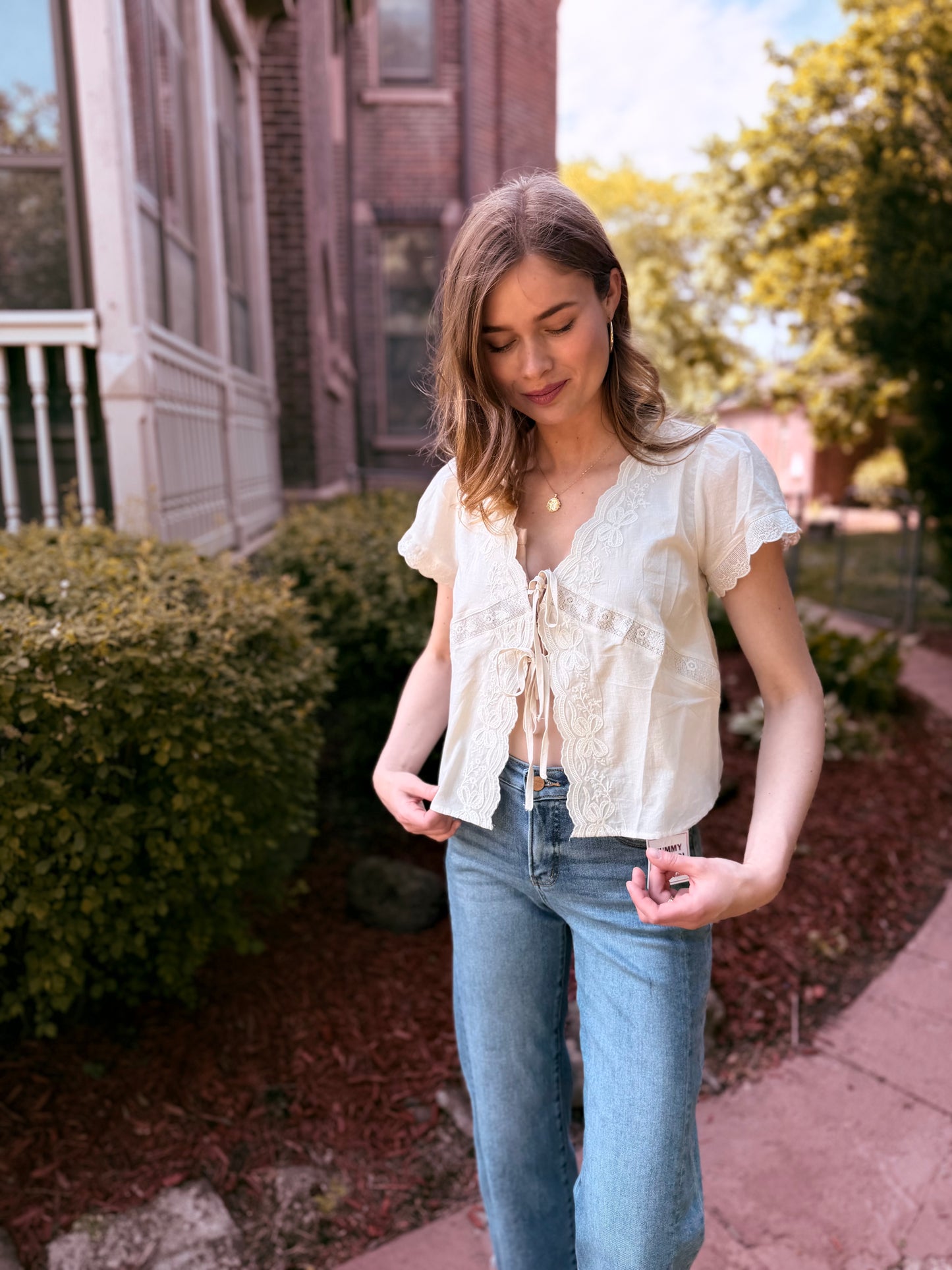 Scalloped Embroidered Front Tie Lace Trim Top
