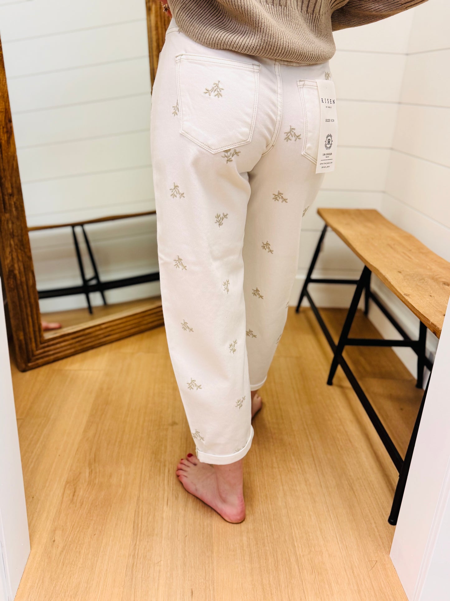 High Rise Leaf Embo Detailed Barrel Pants - Risen