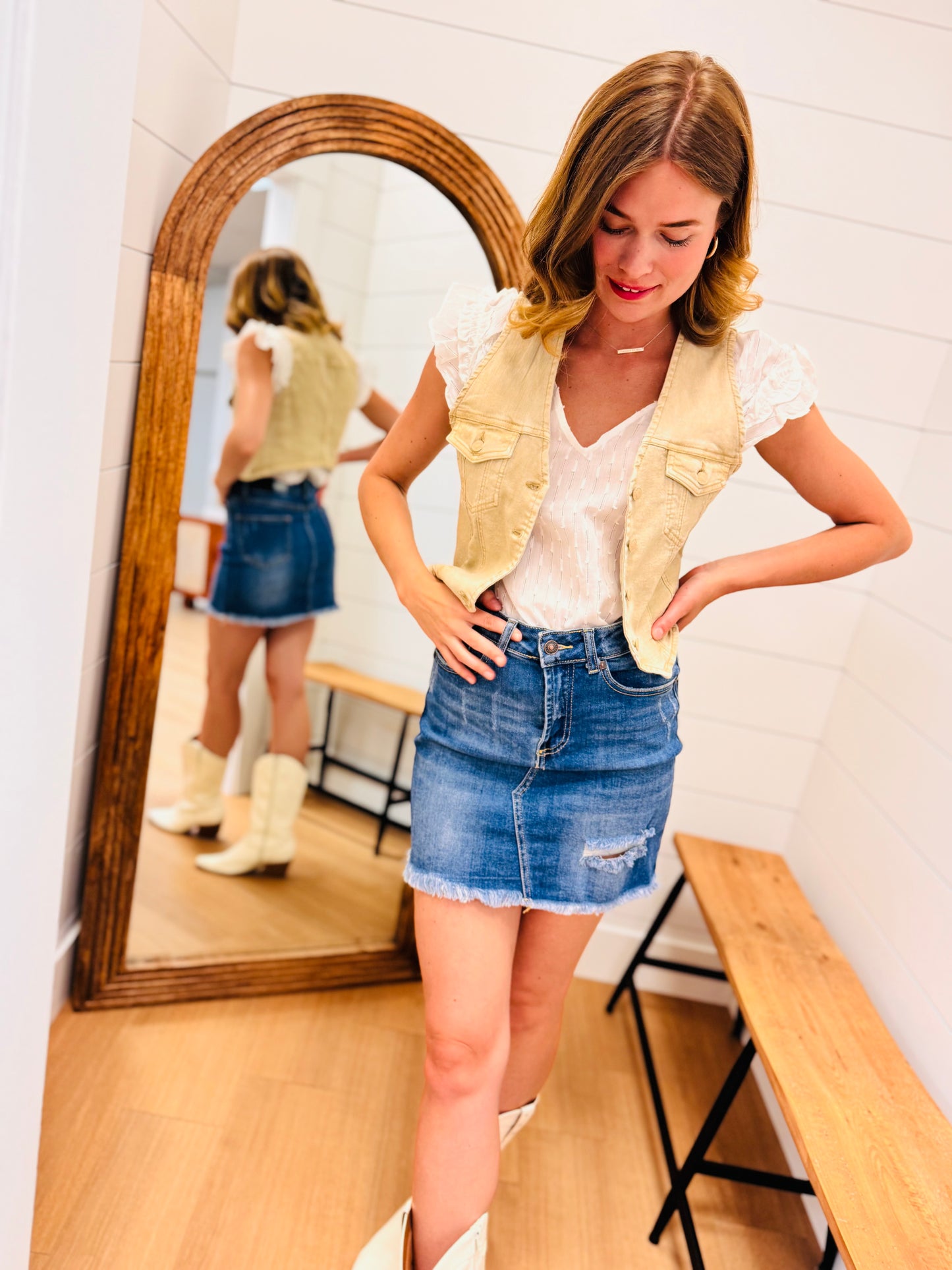 Mid Wash Mini Skirt with Undone Hem