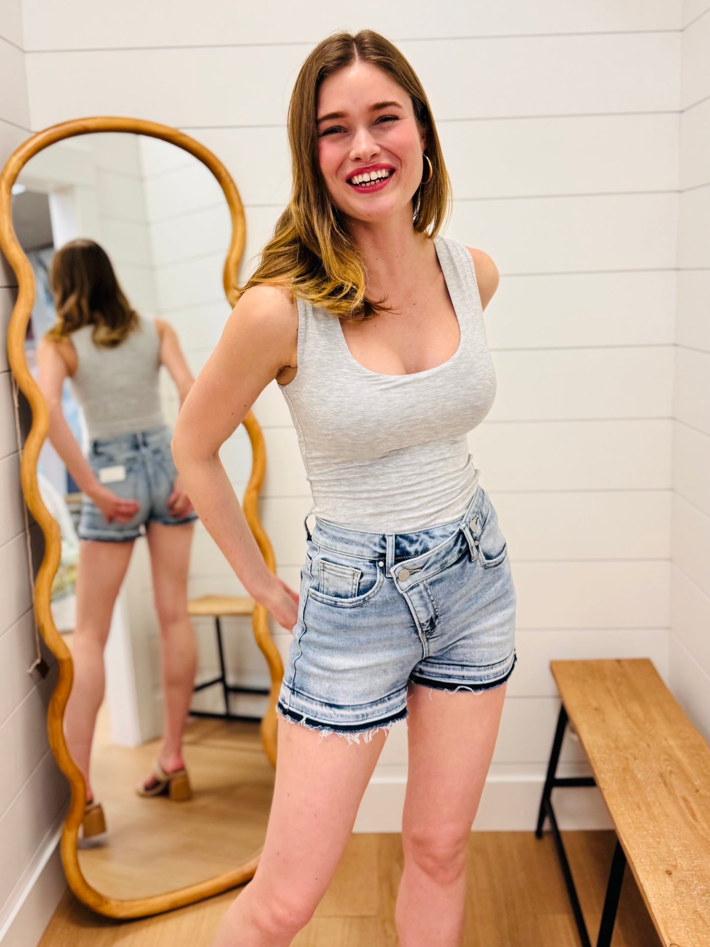 Crossover Waist Light Denim Shorts - RISEN