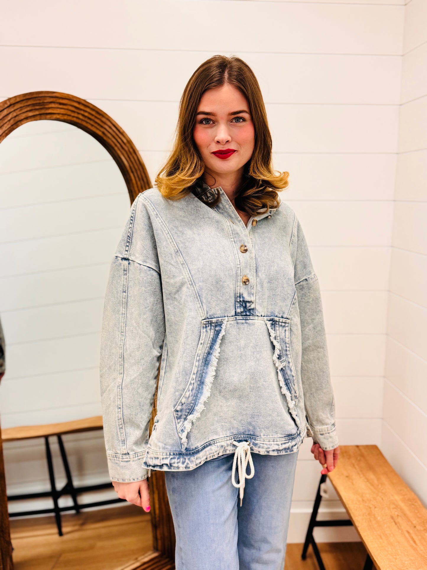 Washed Denim Hoodie Pullover Top